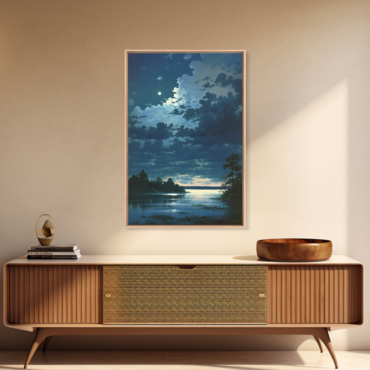 Dreamlike Moonlit Lake Framed Canvas Print, General Fine Art, Decor, Living Room Decor, Fine Art, Digital Wall Art, GEN-2x3-21
