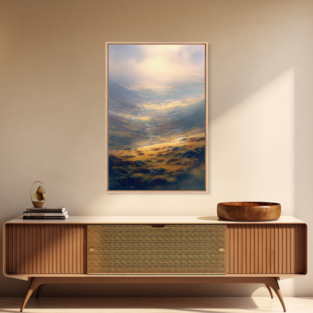 Misty Mountain Valley Framed Canvas Print, General Fine Art, Digital Print, Living Room Decor, Watercolor Art, GEN-2x3-36