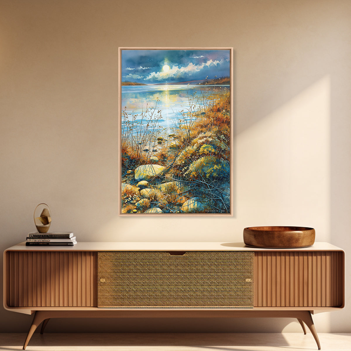 Dreamlike Moonlit Lake Canvas Print, General Fine Art, Printable, Living Room Decor, Oil Painting, Framed Wall Art, GEN-2x3-45