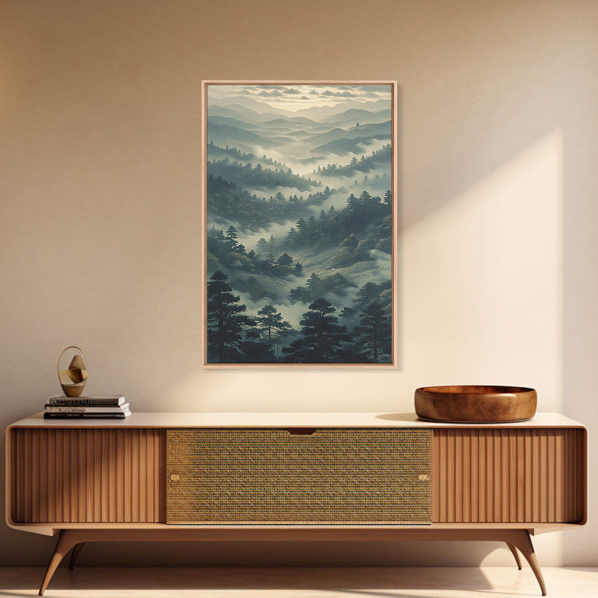 Misty Mountain Valley Framed Canvas Print, General Fine Art, Art Prints, Living Room Decor, Fine Art, Wall Hanging, GEN-2x3-60