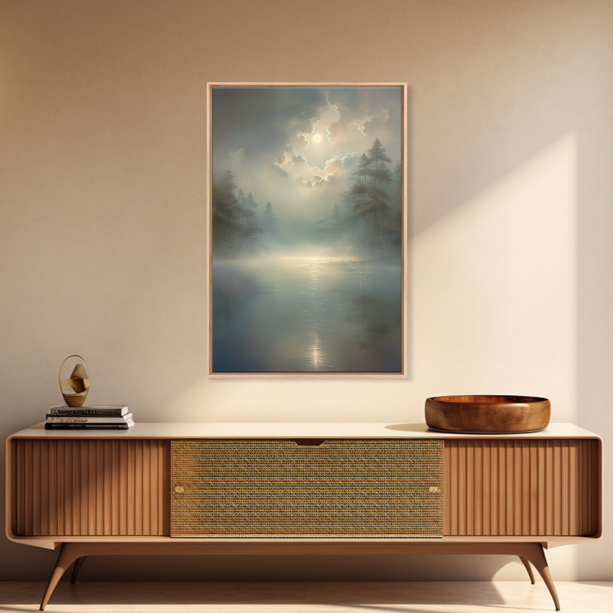 Dreamlike Moonlit Lake Framed Canvas Print, General Fine Art, Oil Painting, Living Room Decor, Fine Art, Gallery Decor, GEN-2x3-69