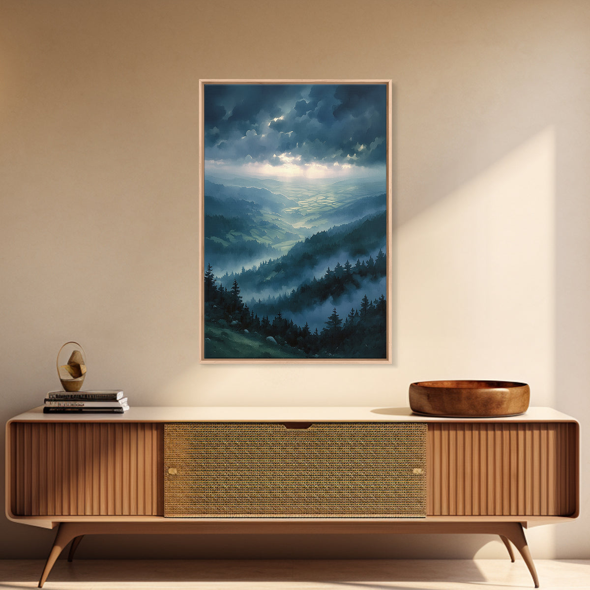 Misty Mountain Valley Framed Canvas Print, General Fine Art, Modern Decor, Living Room Decor, Fine Art, Poster, GEN-2x3-84