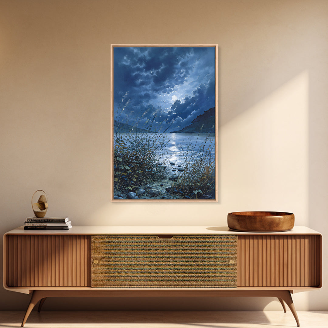 Dreamlike Moonlit Lake Framed Canvas Print, General Fine Art, Oil Painting, Living Room Decor, Fine Art, Gallery Decor, GEN-2x3-93