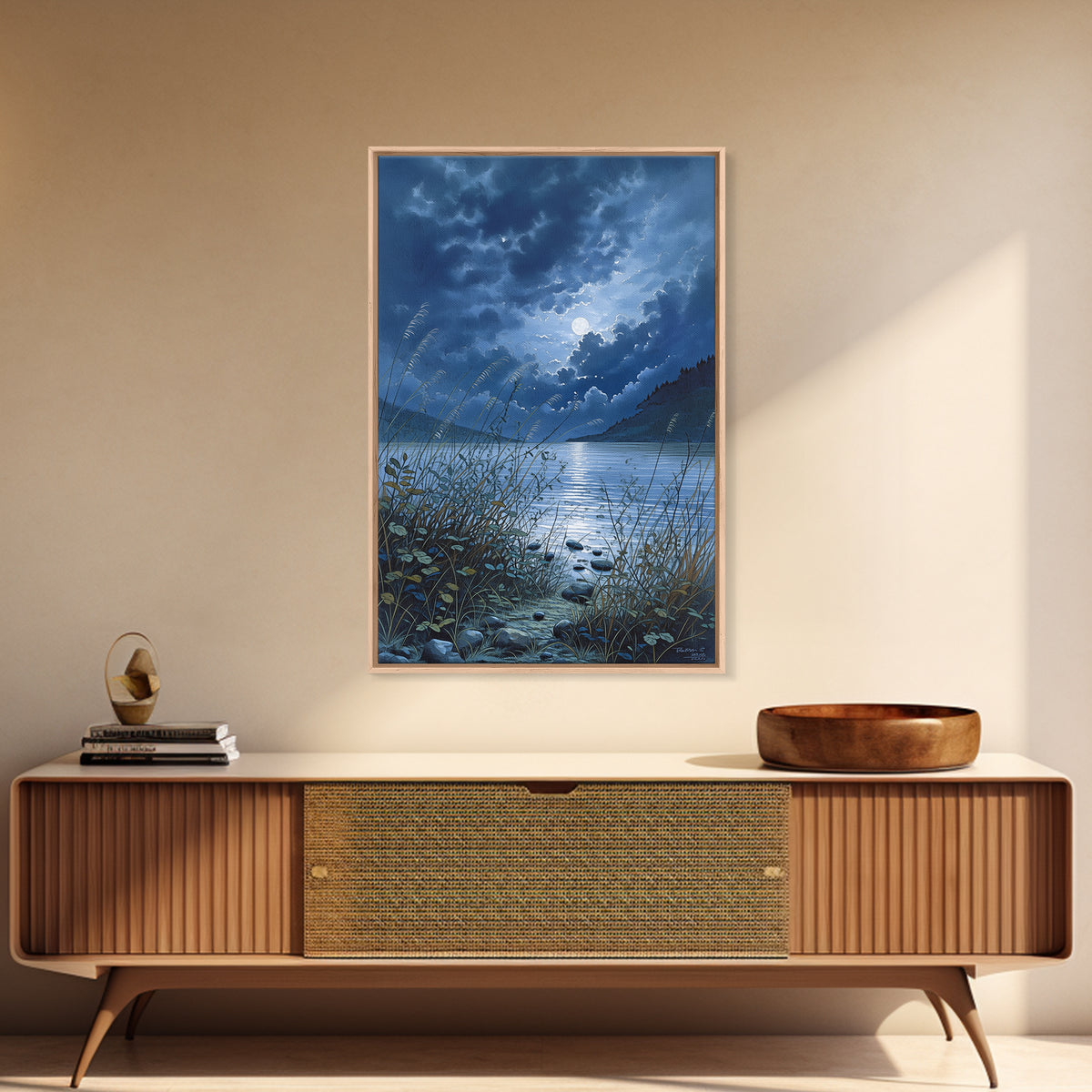 Dreamlike Moonlit Lake Framed Canvas Print, General Fine Art, Oil Painting, Living Room Decor, Fine Art, Gallery Decor, GEN-2x3-93