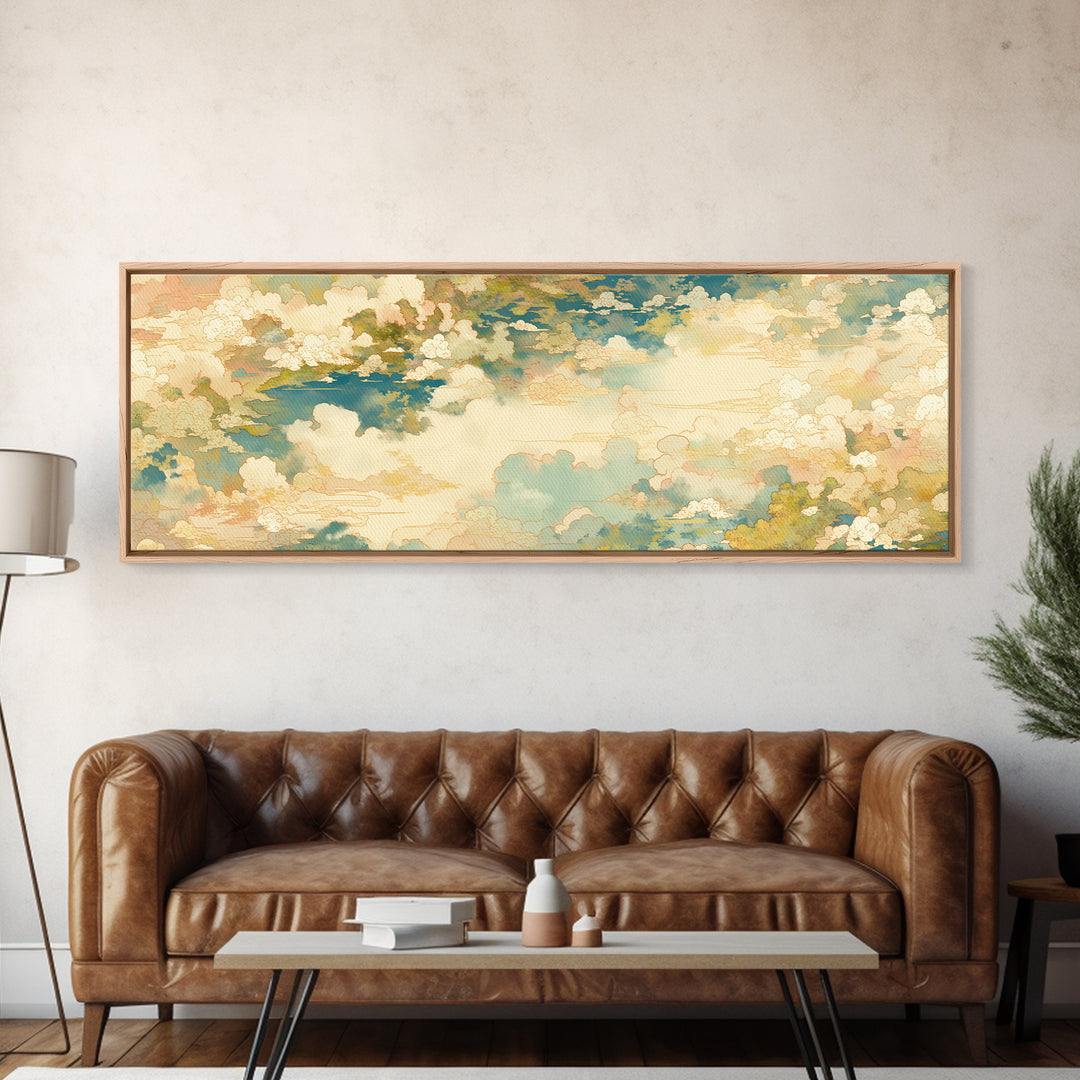 Romantic Cloudscape with Blush and Cream Tones Framed Canvas Print, General Fine Art, Painting, Living Room Decor, Fine Art, GEN-3x1-10