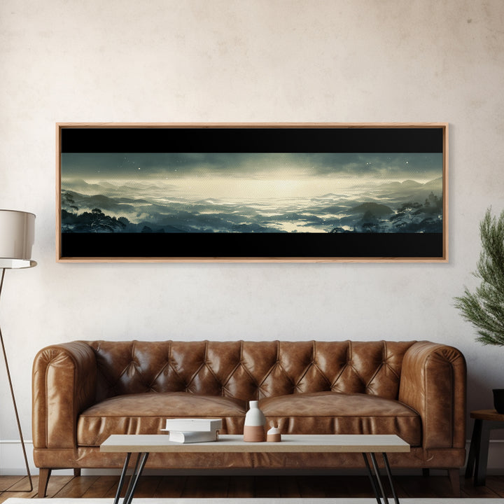 Elegant Ink Wash Landscape Framed Canvas Print, General Fine Art, Framed Wall Art, Living Room Decor, Watercolor Art, GEN-3x1-12