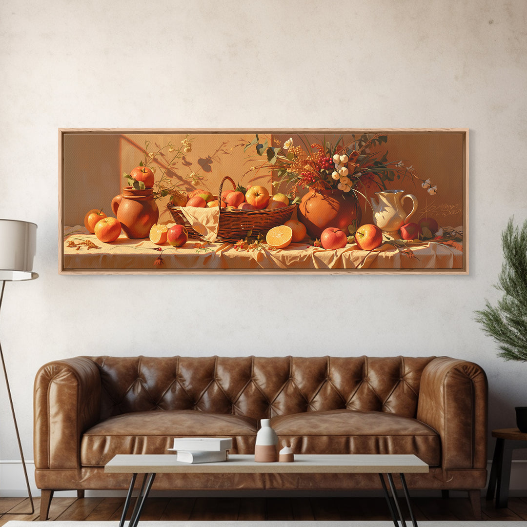 Simple Still Life of Fruit and Linen Framed Canvas Print, General Fine Art, Digital Print, Living Room Decor, Abstract Art, GEN-3x1-32