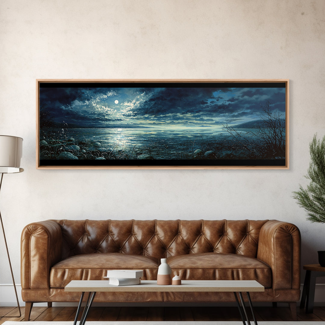 Dreamlike Moonlit Lake Framed Canvas Print, General Fine Art, Wall Art Prints, Living Room Decor, Watercolor Art, GEN-3x1-5