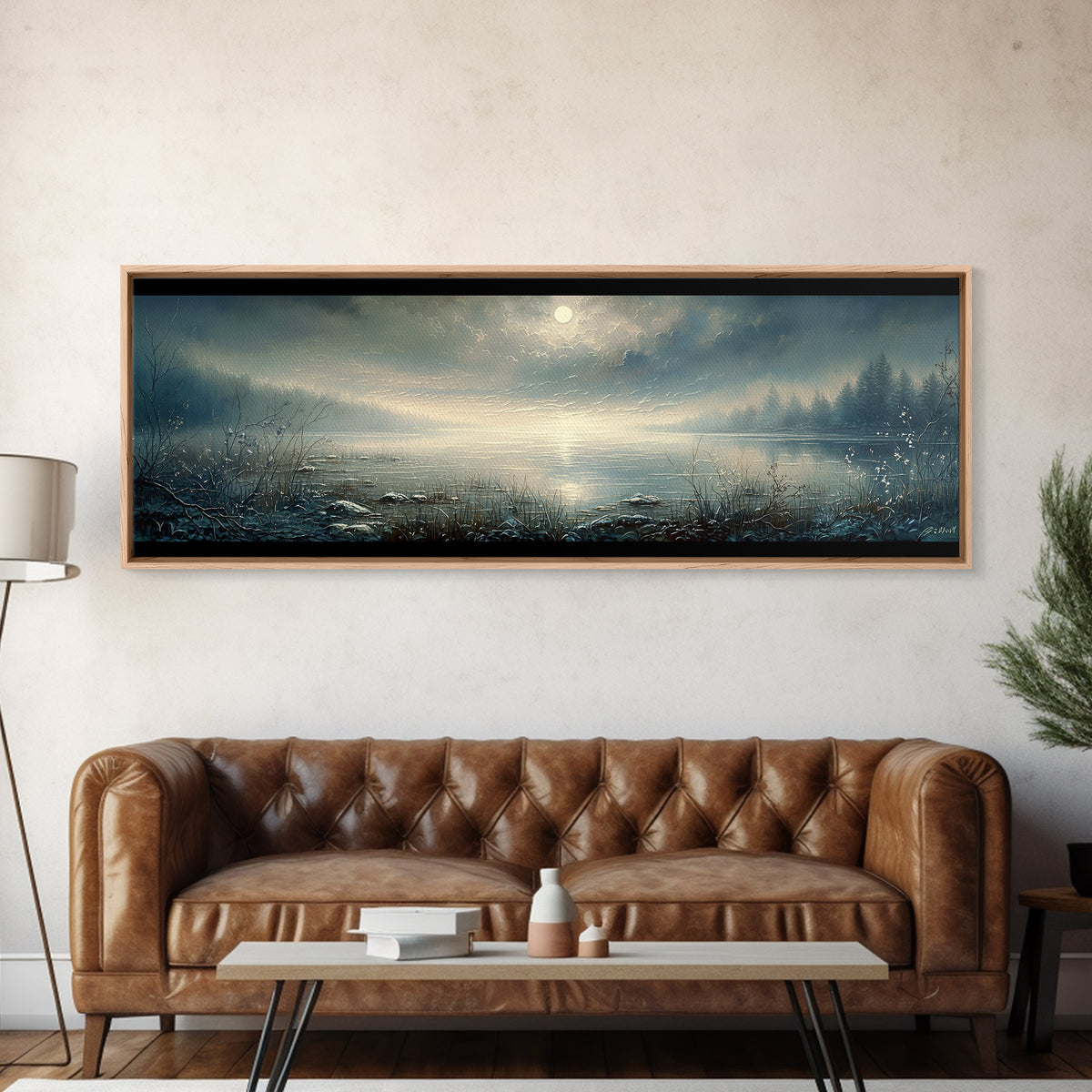 Dreamlike Moonlit Lake Framed Canvas Print, General Fine Art, Abstract Art, Living Room Decor, Oil Painting, GEN-3x1-53