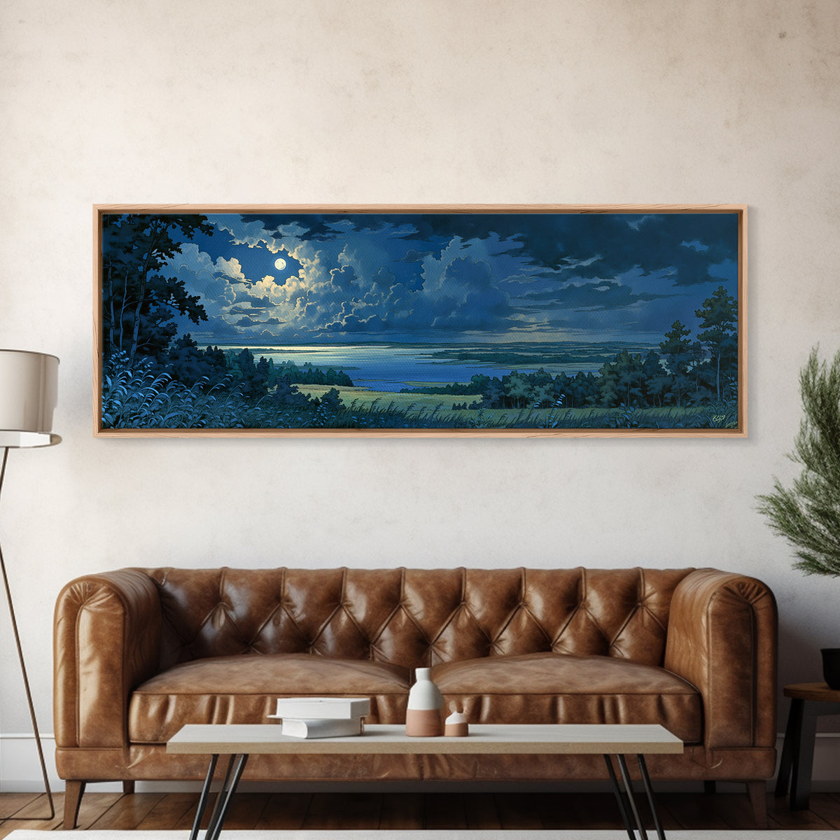 Dreamlike Moonlit Lake Framed Canvas Print, General Fine Art, Abstract Art, Living Room Decor, Oil Painting, GEN-3x1-77