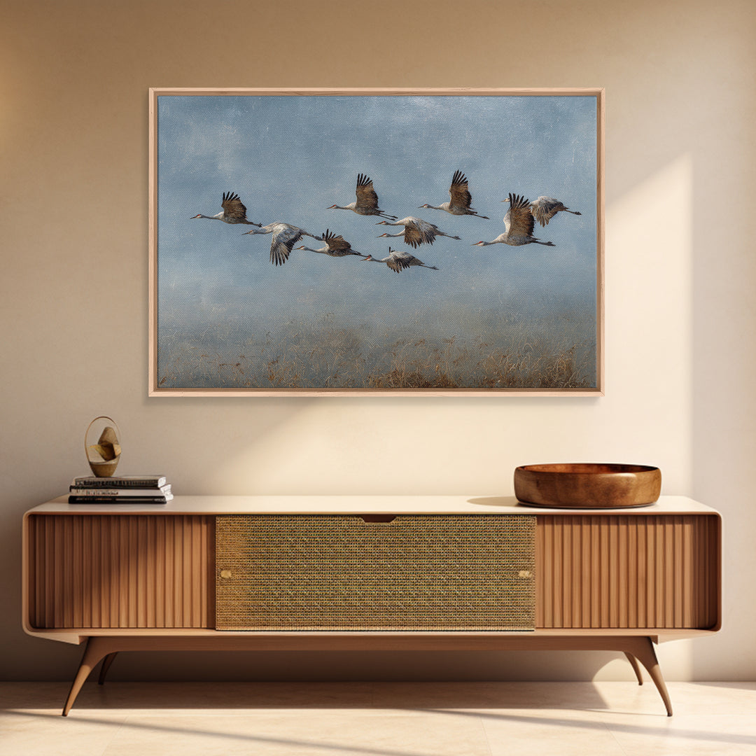Minimal Birds in Flight over an Open Framed Canvas Print, General Fine Art, Art Deco, Living Room Decor, Oil Painting, GEN-3x2-74