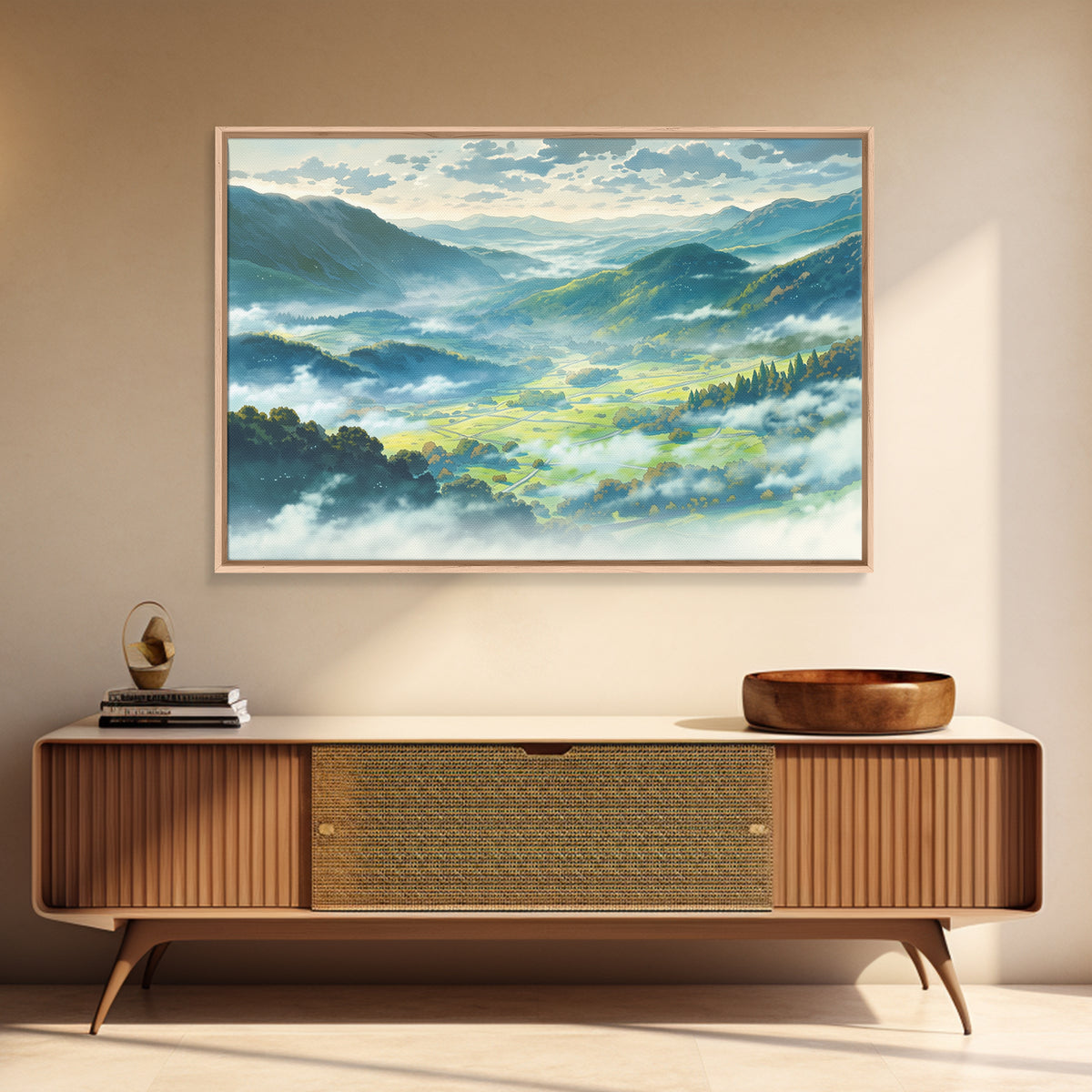 Misty Mountain Valley Framed Canvas Print, General Fine Art, Art Deco, Living Room Decor, Fine Art, Fine Art Print, GEN-3x2-8