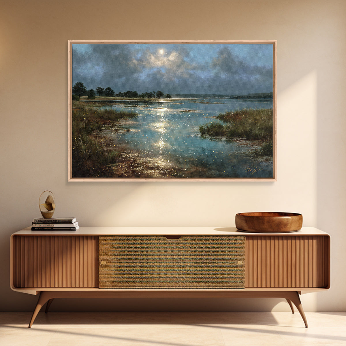 Dreamlike Moonlit Lake Canvas Print, General Fine Art, Boho Decor, Living Room Decor, Fine Art, Wall Decor, Painting, GEN-3x2-89