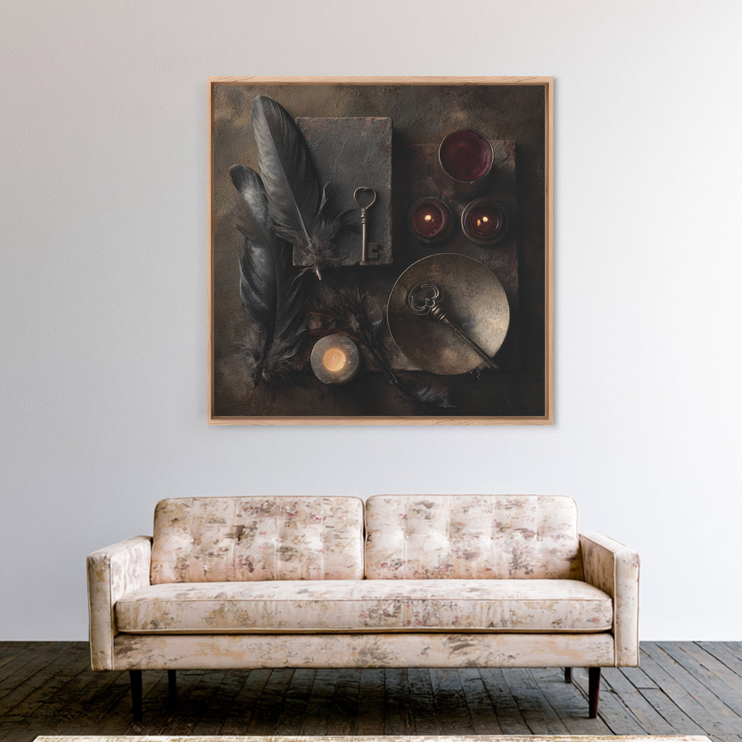 Crow Feathers and Antique Key Still Life Framed Canvas Print, Gothic Art, Halloween Decor, Living Room Decor, Fine Art, Gothic, GOT-1x1-12