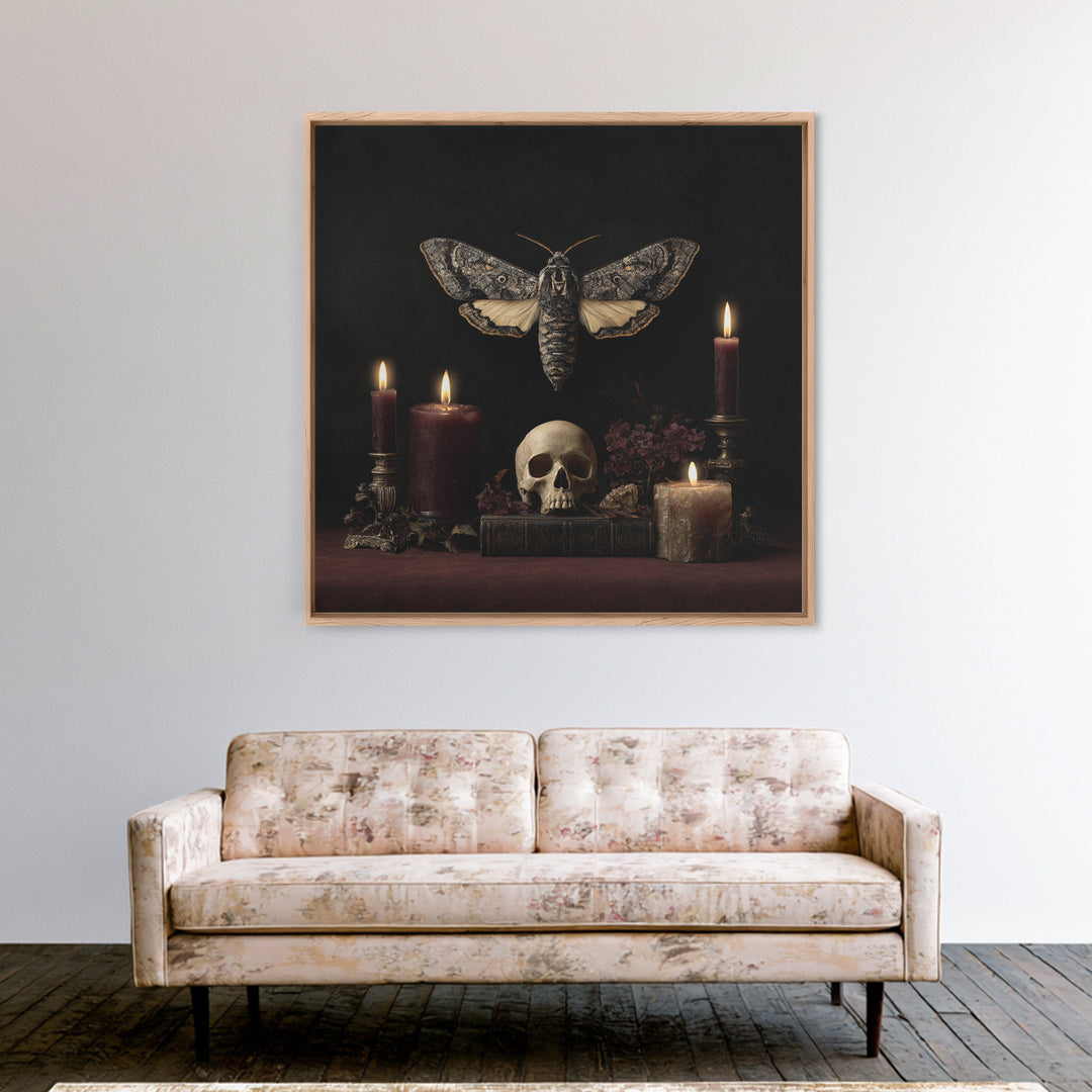 Moth and Skull Composition on Black Velvet Canvas Print, Gothic Art, Canvas Tote Bag, Living Room Decor, Oil Painting, Gothic, GOT-1x1-15