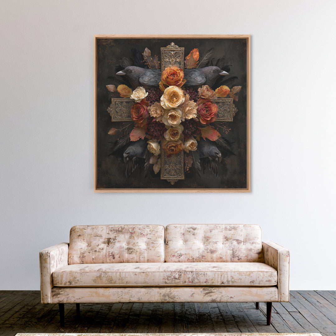 Ornate Cross and Roses Dramatic Still Life Canvas Print, Gothic Art, Art Print, Living Room Decor, Gothic, Whimsigoth Decor, GOT-1x1-20