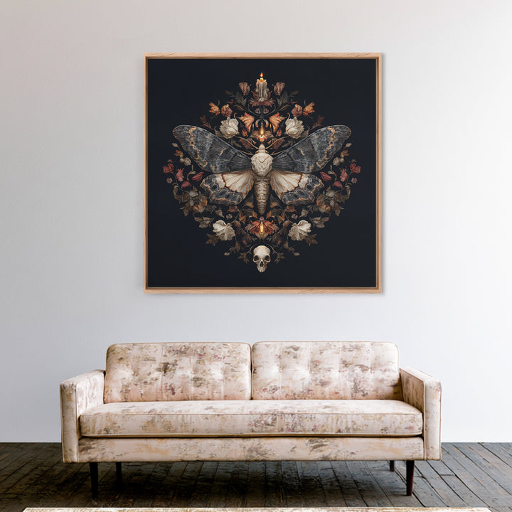 Moth and Skull Composition on Black Velvet Framed Canvas Print, Gothic Art, Gothic Wall Art, Living Room Decor, Gothic, GOT-1x1-39