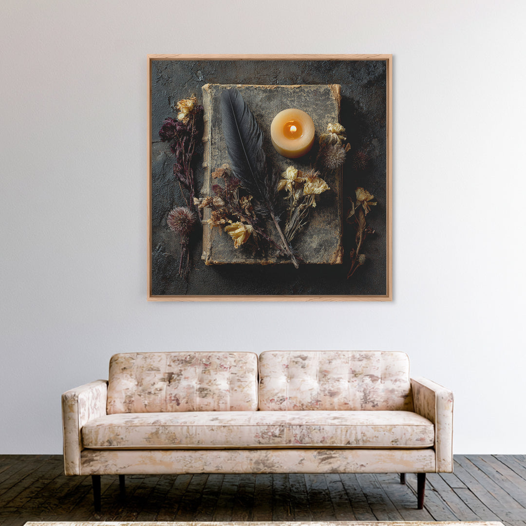 Candlelit Book and Dried Flowers Still Life Framed Canvas Print, Gothic Art, Canvas Painting, Living Room Decor, Gothic, GOT-1x1-42