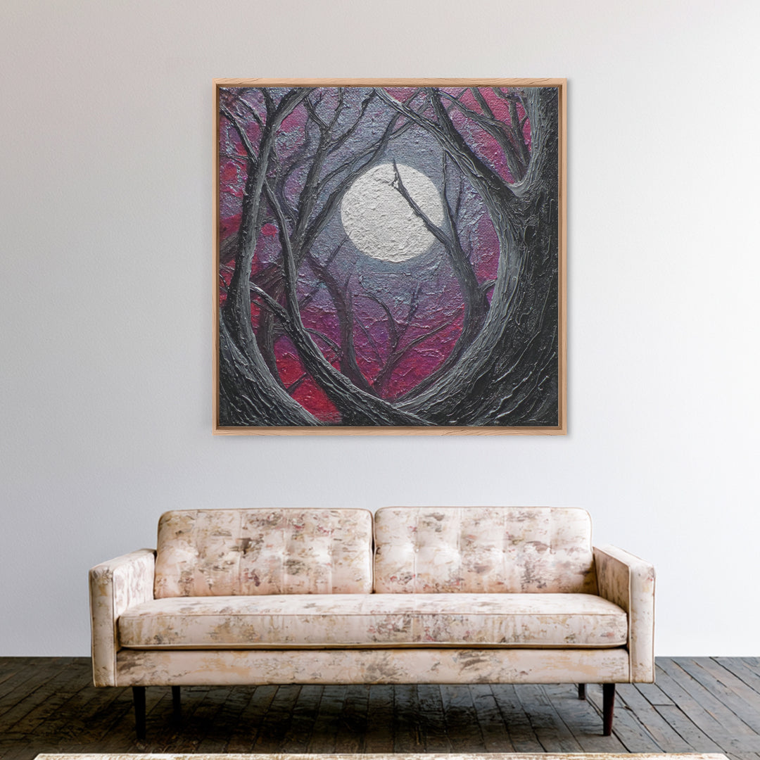 Silver Moon over Twisted Black Trees Framed Canvas Print, Gothic Art, Fine Art Print, Living Room Decor, Abstract Art, Gothic, GOT-1x1-57