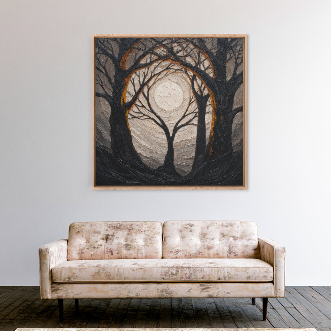 Silver Moon over Twisted Black Trees Canvas Print, Gothic Art, Black and White Art, Living Room Decor, Fine Art, Gothic, GOT-1x1-9