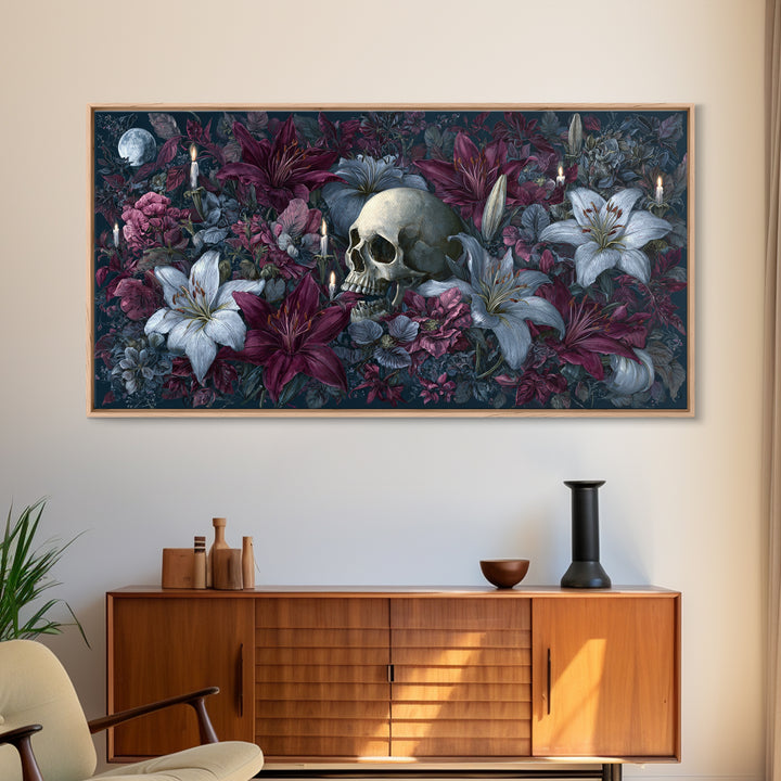 Skull Surrounded by Lilies and Candles Framed Canvas Print, Gothic Art, Home Decor, Living Room Decor, Fine Art, Gothic, GOT-2x1-1