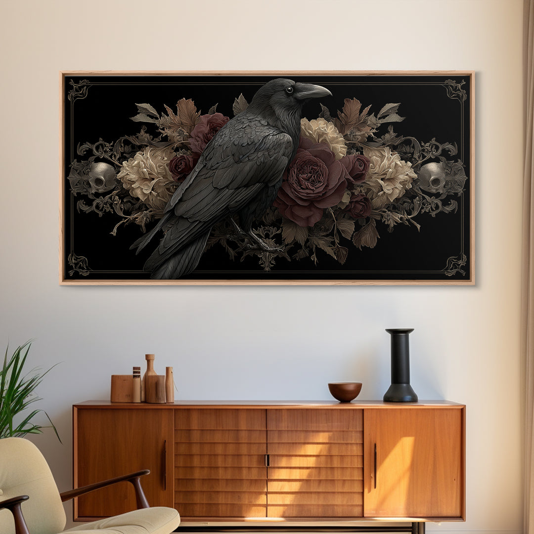 Raven Feathers Arranged Like a Halo Framed Canvas Print, Gothic Art, Fine Art Print, Living Room Decor, Fine Art, Gothic, GOT-2x1-18