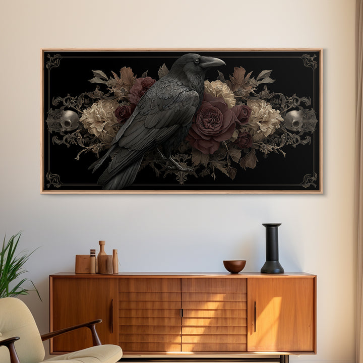 Raven Feathers Arranged Like a Halo Framed Canvas Print, Gothic Art, Fine Art Print, Living Room Decor, Fine Art, Gothic, GOT-2x1-18