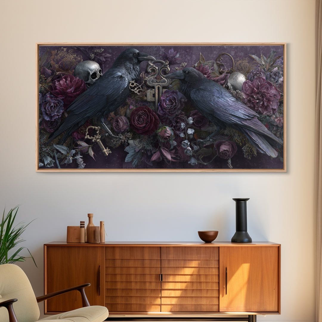 Crow Feathers and Antique Key Still Life Canvas Print, Gothic Art, Contemporary Art, Living Room Decor, Oil Painting, Gothic, GOT-2x1-32