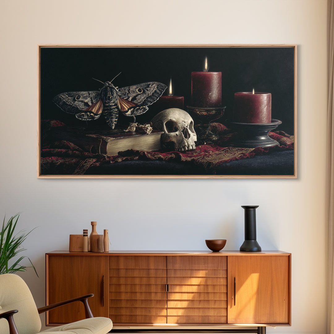 Moth and Skull Composition on Black Velvet Framed Canvas Print, Gothic Art, Halloween Art, Living Room Decor, Watercolor Art, GOT-2x1-59
