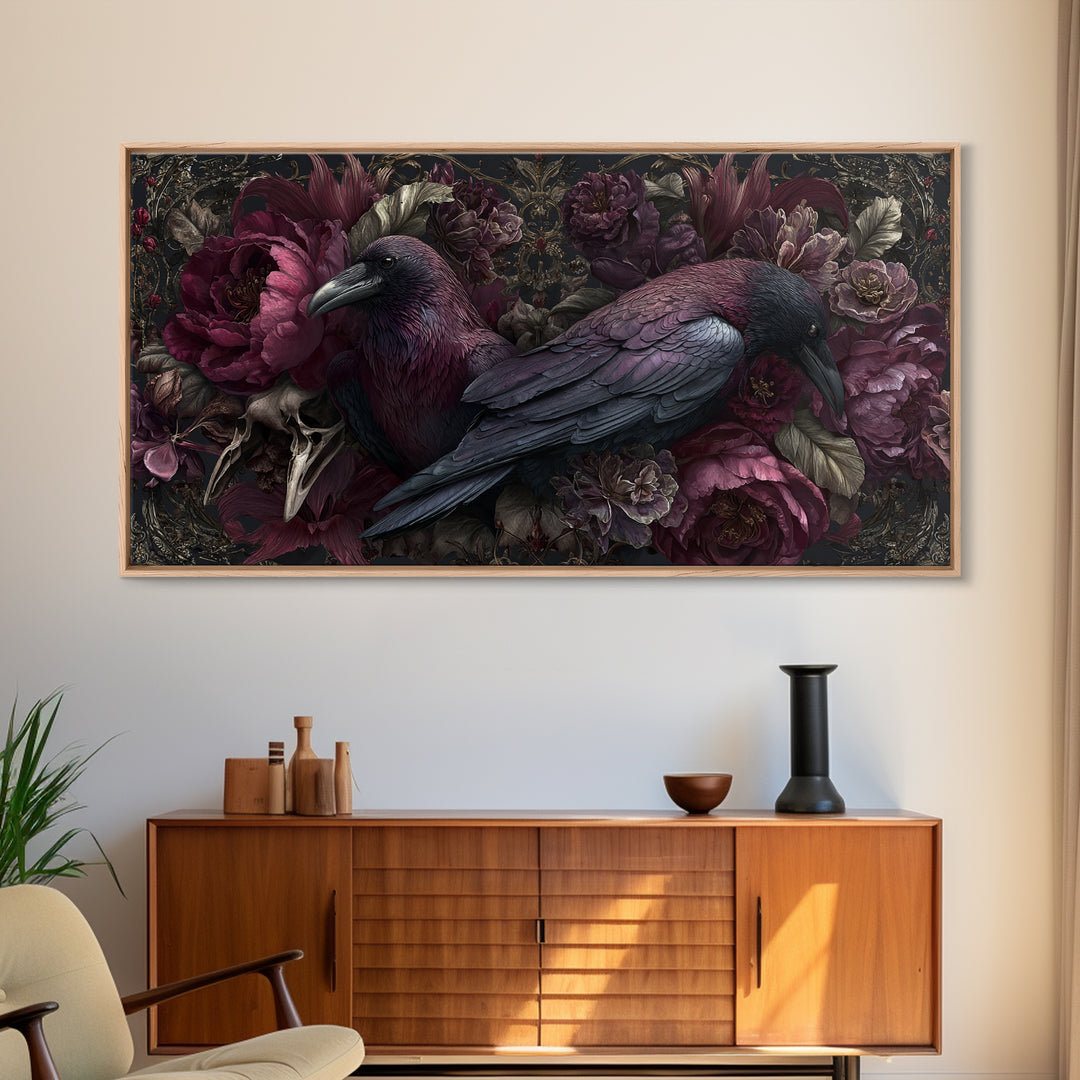 Raven Feathers Arranged Like a Halo Canvas Print, Gothic Art, Textured Painting, Living Room Decor, Watercolor Art, Gothic, GOT-2x1-66