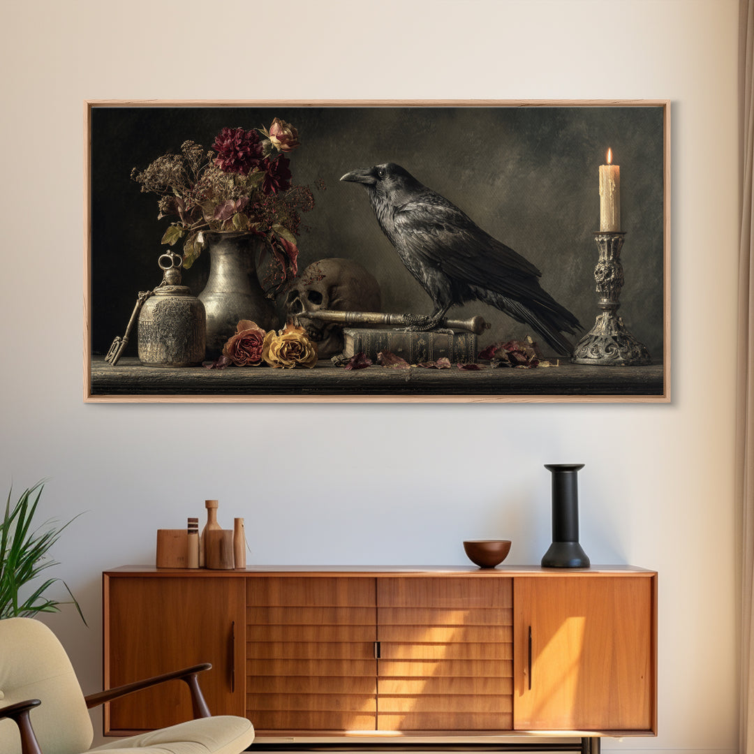 Crow Feathers and Antique Key Still Life Framed Canvas Print, Gothic Art, Dark Academia Decor, Living Room Decor, Gothic, GOT-2x1-80