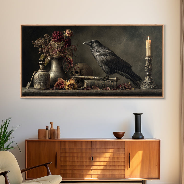 Crow Feathers and Antique Key Still Life Framed Canvas Print, Gothic Art, Dark Academia Decor, Living Room Decor, Gothic, GOT-2x1-80