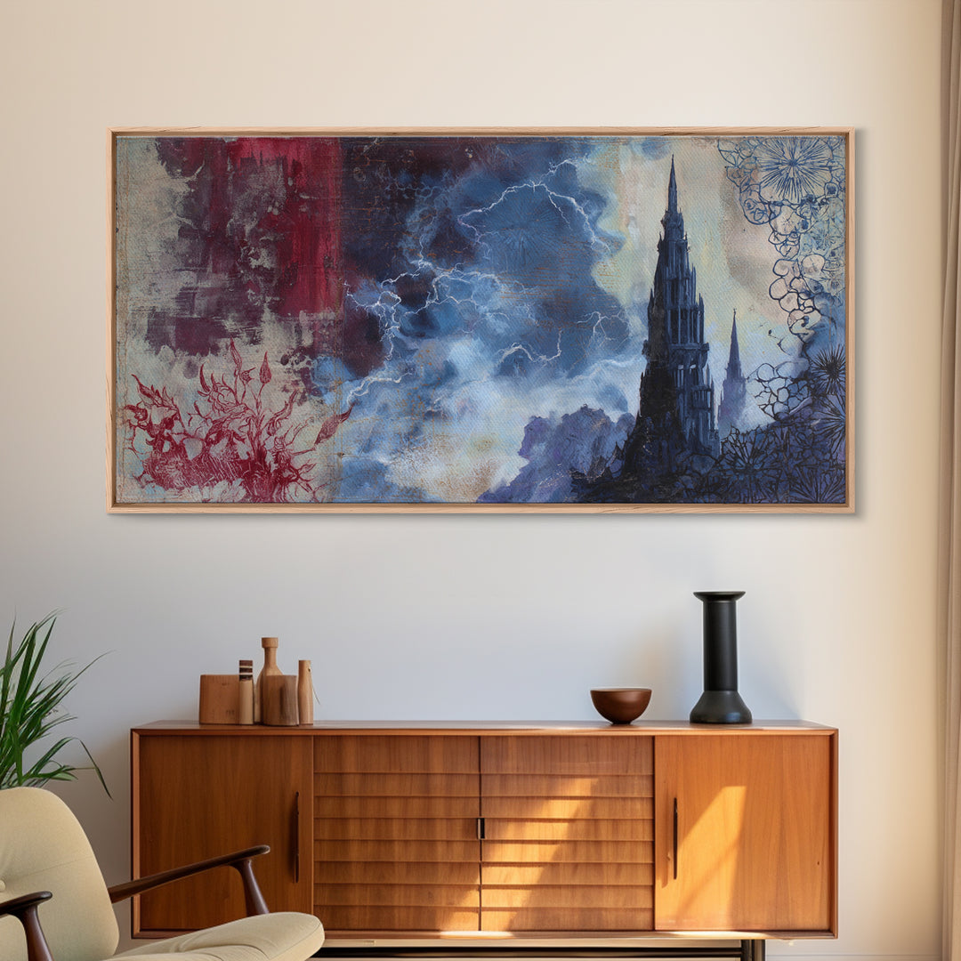 Cathedral Spire Beneath Lightning Clouds Canvas Print, Gothic Art, Wall Art, Living Room Decor, Gothic, Canvas Tote Bag, GOT-2x1-82