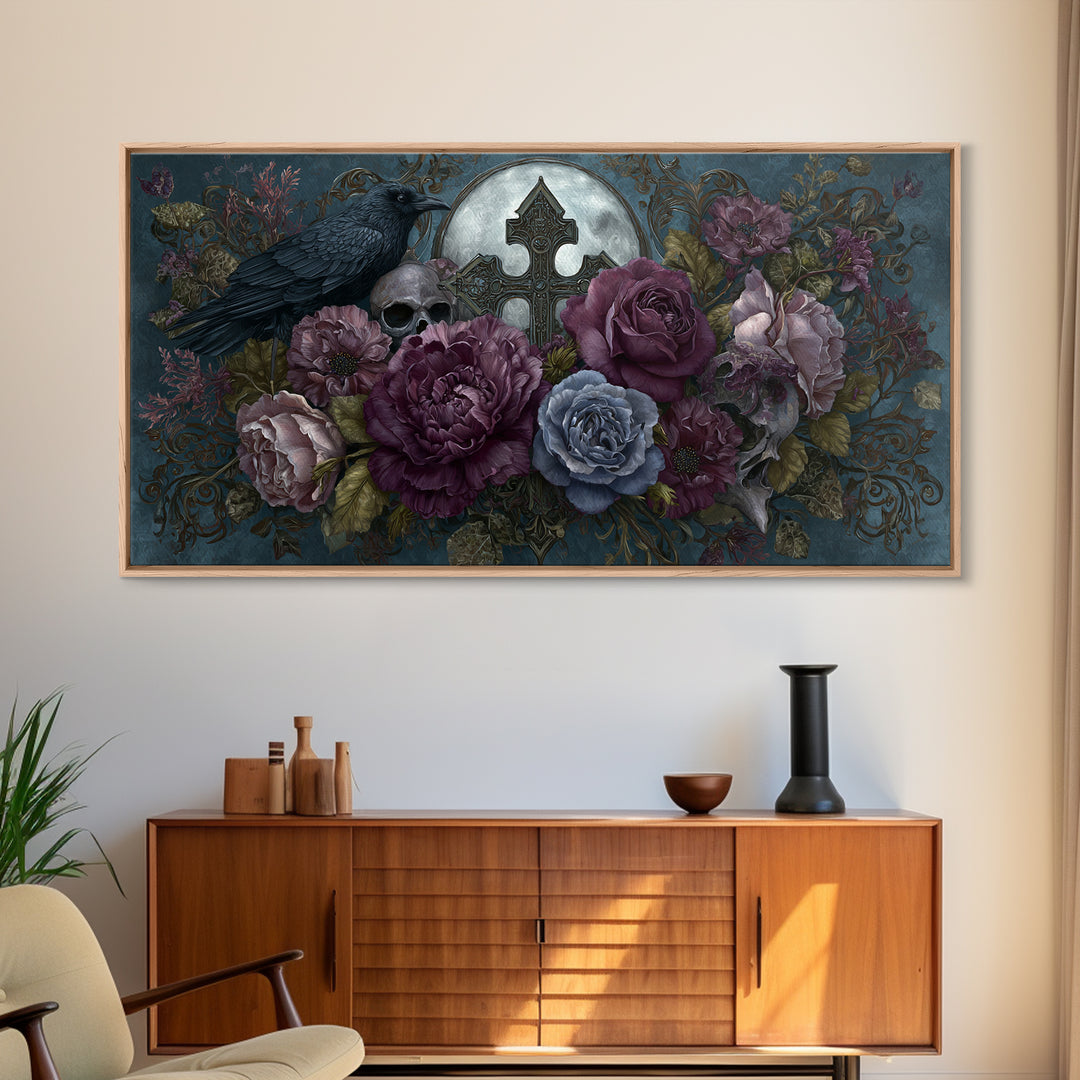 Ornate Cross and Roses Dramatic Still Life Framed Canvas Print, Gothic Art, Canvas Tote Bag, Living Room Decor, Gothic, GOT-2x1-88