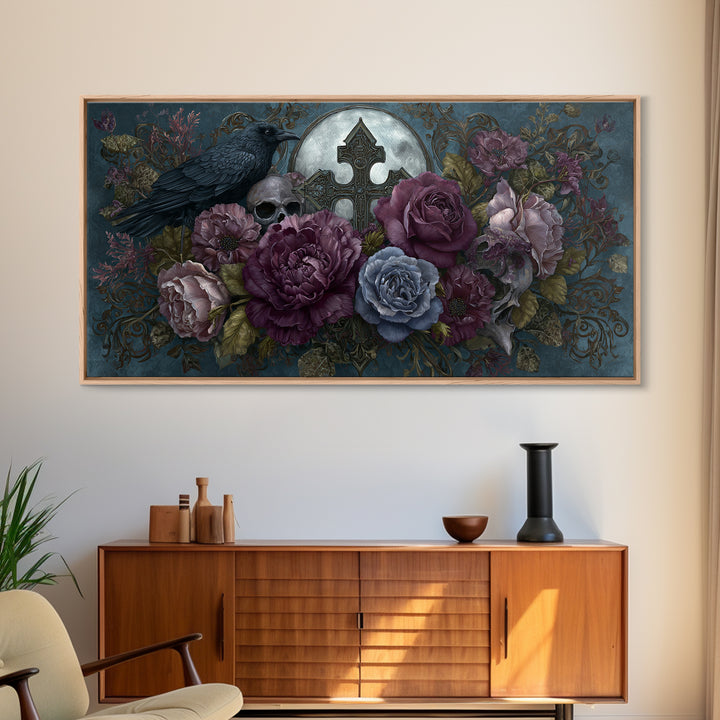 Ornate Cross and Roses Dramatic Still Life Framed Canvas Print, Gothic Art, Canvas Tote Bag, Living Room Decor, Gothic, GOT-2x1-88