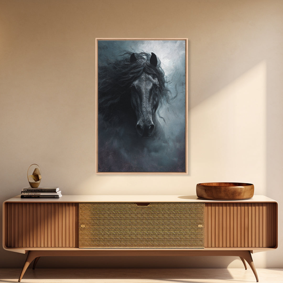 Black Horse with Flowing Mane in Fog Framed Canvas Print, Gothic Art, Wall Art, Living Room Decor, Gothic, Canvas Tote Bag, GOT-2x3-1