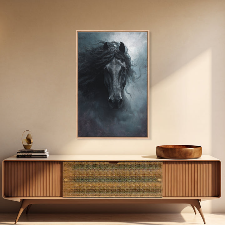 Black Horse with Flowing Mane in Fog Framed Canvas Print, Gothic Art, Wall Art, Living Room Decor, Gothic, Canvas Tote Bag, GOT-2x3-1