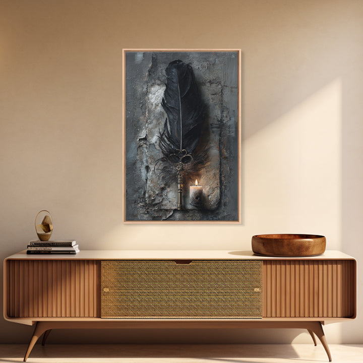 Crow Feathers and Antique Key Still Life Framed Canvas Print, Gothic Art, Black and White Art, Living Room Decor, GOT-2x3-44