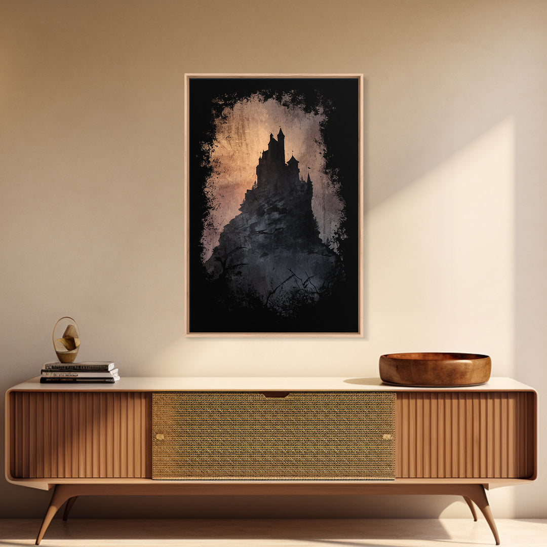 Stormy Castle Silhouette on Jagged Cliffs Canvas Print, Gothic Art, Digital Art, Living Room Decor, Abstract Art, Gothic, GOT-2x3-62