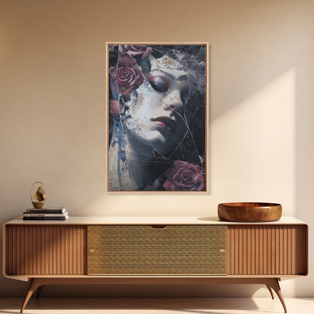 Cracked Mirror Reflecting Moon and Roses Canvas Print, Gothic Art, Poster, Living Room Decor, Fine Art, Gothic, Witchy Decor, GOT-2x3-79