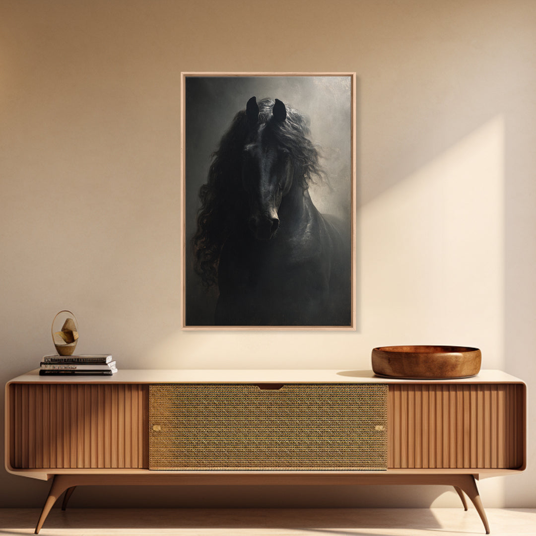 Black Horse with Flowing Mane in Fog Framed Canvas Print, Gothic Art, Art Nouveau, Living Room Decor, Fine Art, Gothic, GOT-2x3-97