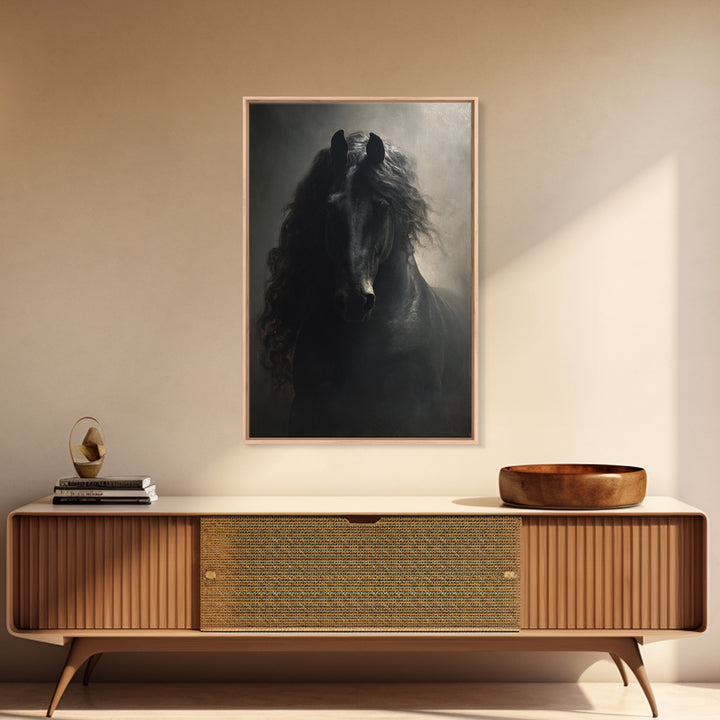 Black Horse with Flowing Mane in Fog Framed Canvas Print, Gothic Art, Art Nouveau, Living Room Decor, Fine Art, Gothic, GOT-2x3-97
