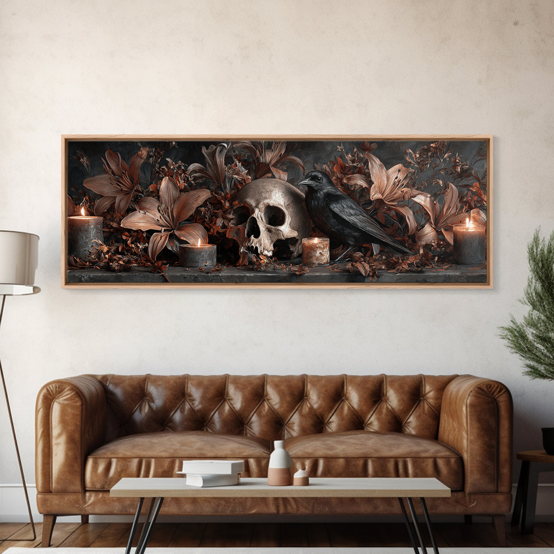 Skull Surrounded by Lilies and Candles Canvas Print, Gothic Art, Gothic Wall Art, Living Room Decor, Fine Art, Gothic, GOT-3x1-21