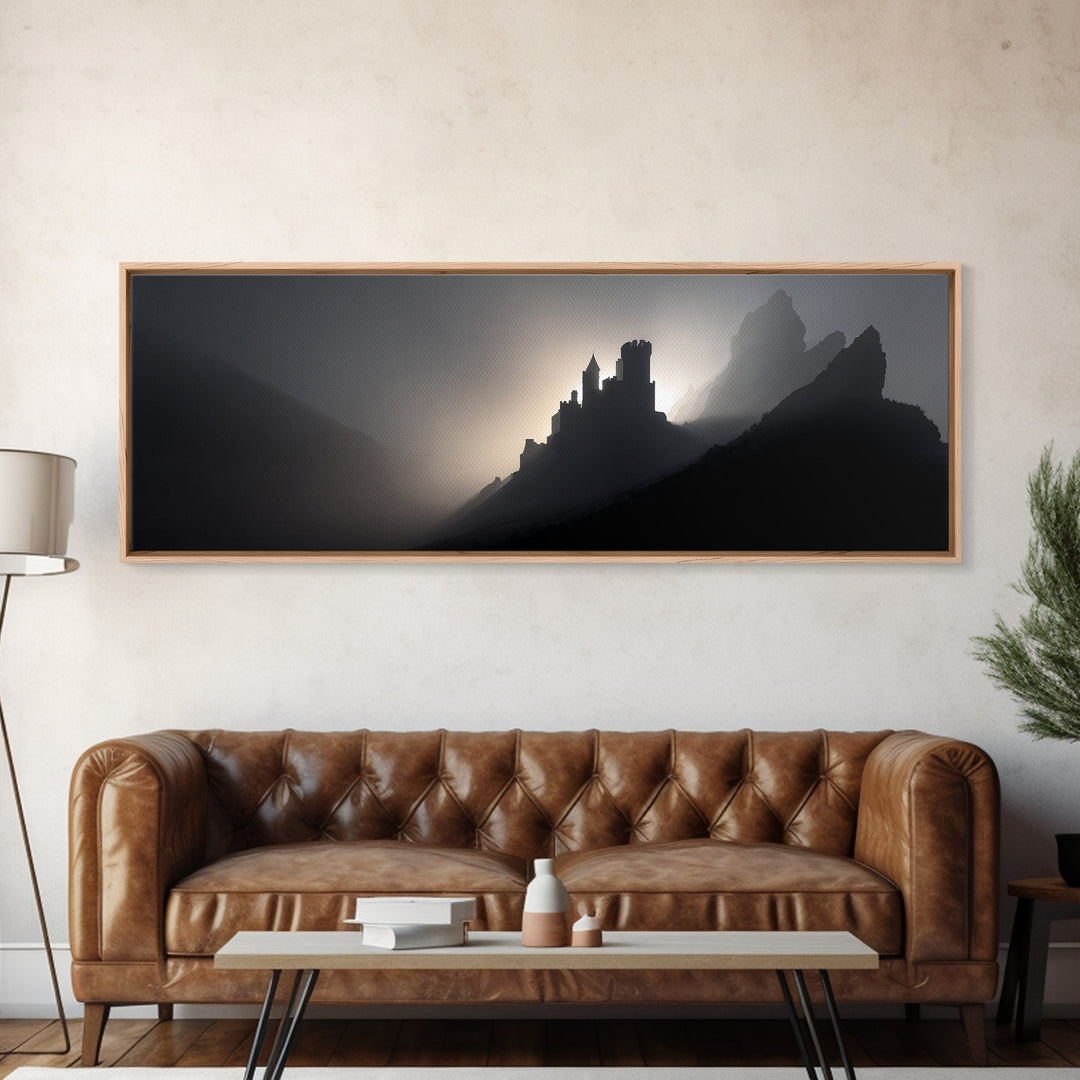 Stormy Castle Silhouette on Jagged Cliffs Canvas Print, Gothic Art, Boho Decor, Living Room Decor, Abstract Art, Gothic, GOT-3x1-22