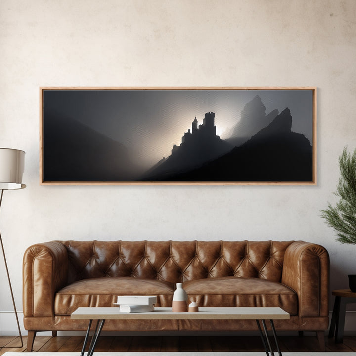 Stormy Castle Silhouette on Jagged Cliffs Canvas Print, Gothic Art, Boho Decor, Living Room Decor, Abstract Art, Gothic, GOT-3x1-22