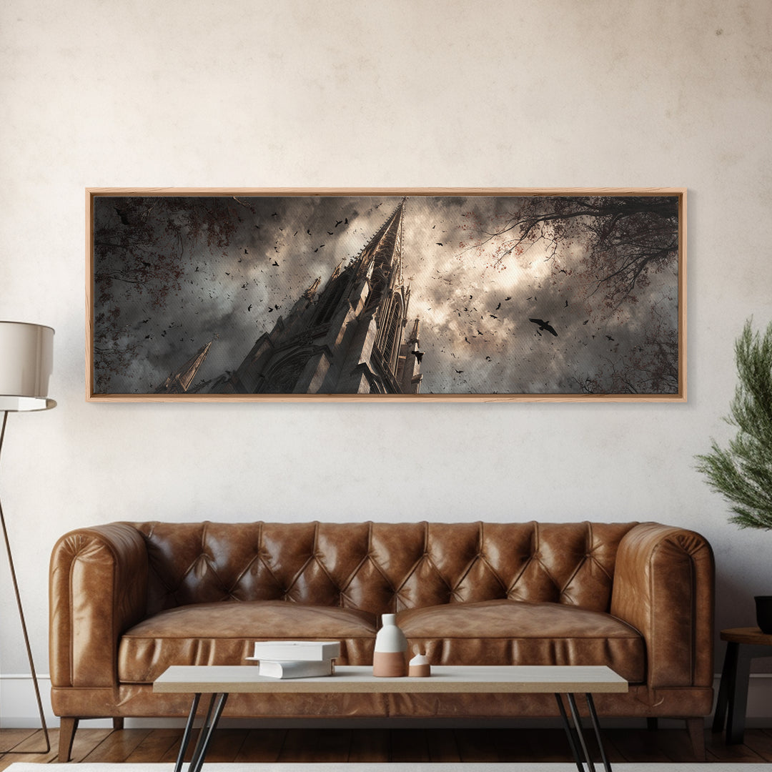 Cathedral Spire Beneath Lightning Clouds Canvas Print, Gothic Art, Wall Art, Living Room Decor, Gothic, Canvas Tote Bag, GOT-3x1-30