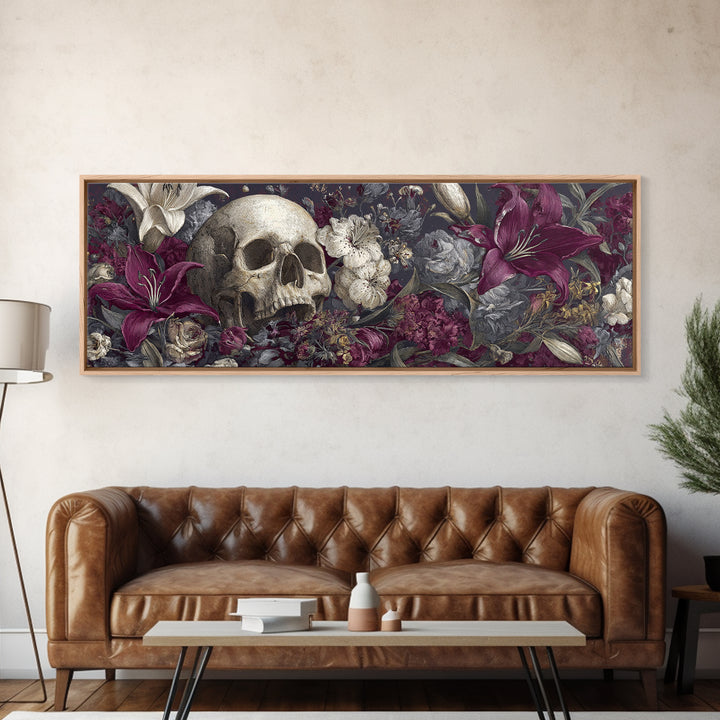 Skull Surrounded by Lilies and Candles Canvas Print, Gothic Art, Gothic Wall Art, Living Room Decor, Fine Art, Gothic, GOT-3x1-45