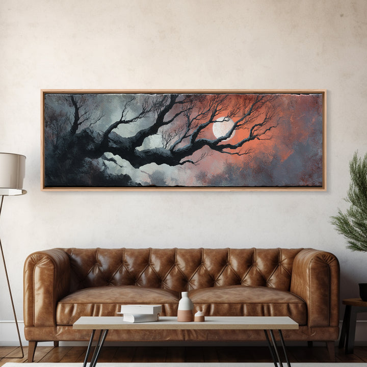 Silver Moon over Twisted Black Trees Canvas Print, Gothic Art, Moody Wall Art, Living Room Decor, Abstract Art, Gothic, GOT-3x1-49