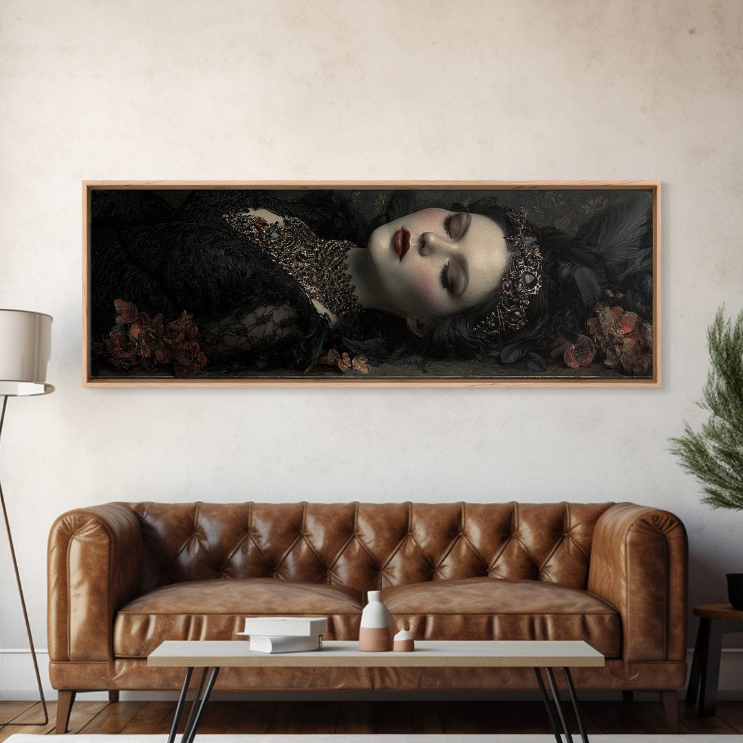 Vampire Inspired Portrait with Pale Skin and Framed Canvas Print, Gothic Art, Dark Academia Decor, Living Room Decor, Gothic, GOT-3x1-74
