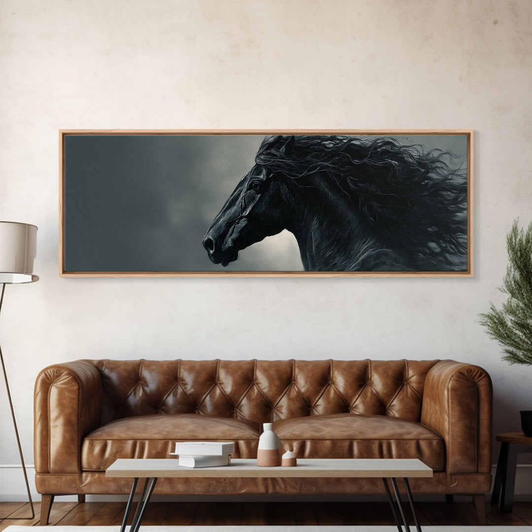 Black Horse with Flowing Mane in Fog Framed Canvas Print, Gothic Art, Gothic Decor, Living Room Decor, Fine Art, Gothic, GOT-3x1-9